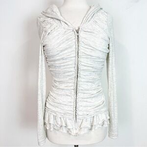 PURE + GOOD GRAY RUFFLED RUCHED FULL ZIP HOODIE SWEATSHIRT WOMENS SMALL